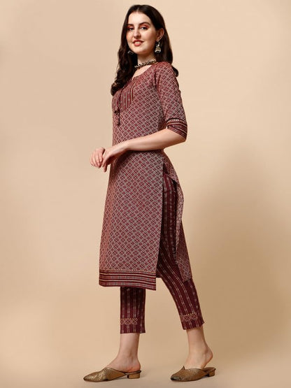 NAINVISH Cotton Blend Kurti Pant & Dupatta | Kurta Set for Women | Women Kurta Pant Dupatta Set | Maroon Kurta Set for Women | Printed Kurta Pant Dupatta Set
