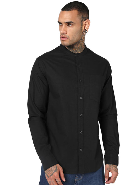 Bewakoof Mens Solid Regular Fit Full Sleeve Mandarin Collar Cotton Linen Blend Shirt_1500950_Black_M