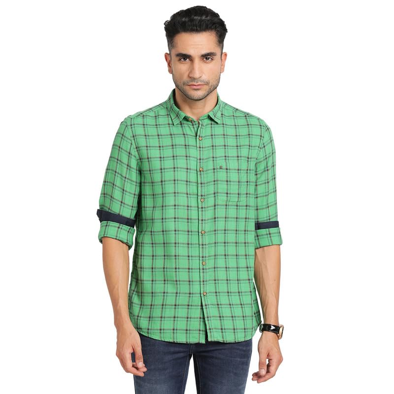 Turtle Men Cotton Viscose Slim Fit Green Check Full Sleeve Casual Shirt