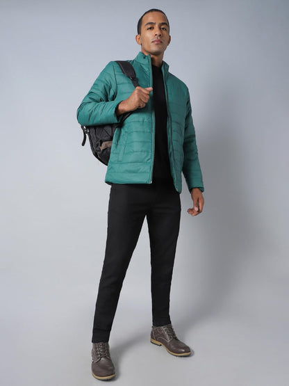 High Star Men Teal Polyester Mandarin Collar Long Sleeves Puffer Jacket