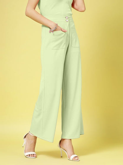 Womens Wide Leg Pants | Solid Green Stretchable Polyester Trousers | Stylish Korean Clothing | Flared, Straight Fit, Baggy, and