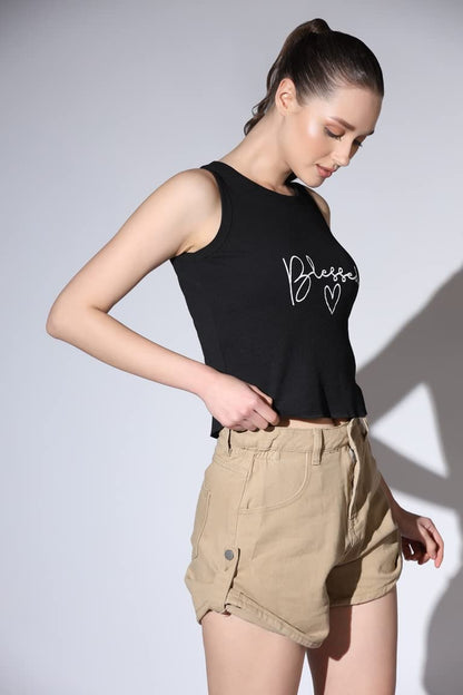 Leriya Fashion Tops For Women | Ribbed Blessed Printed Western Sleeveless Regular Fit Tank Crop Tops For Girls | Casual | Colleg
