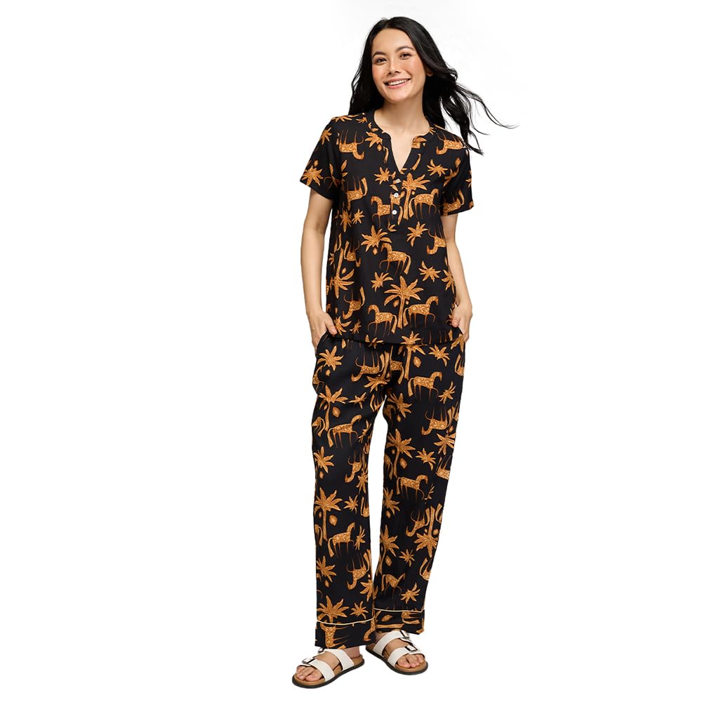 NYKD (NYS933 Printed Rayon Coords Night Suit for Women | Relaxed Fit V Neck Top with Non Slip Adjustable Waistband Pyjama Pants