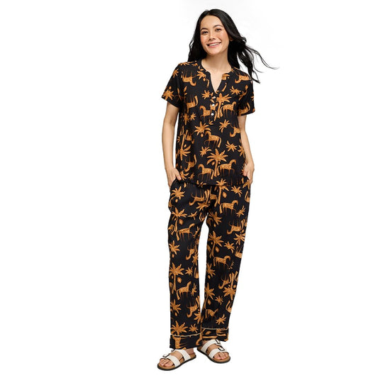 NYKD (NYS933 Printed Rayon Coords Night Suit for Women | Relaxed Fit V Neck Top with Non Slip Adjustable Waistband Pyjama Pants
