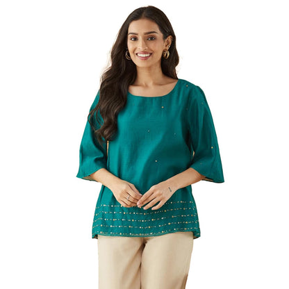 Fabindia WomenS Embellished Regular Fit Tops (1038714Green_Green