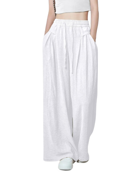 Greciilooks WomenS Loose High Rise Textured Trousers | High-Waisted Pant | Korean Trousars White