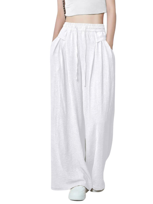Greciilooks WomenS Loose High Rise Textured Trousers | High-Waisted Pant | Korean Trousars White