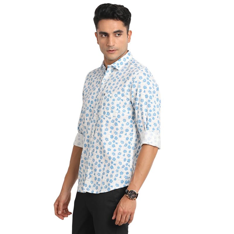 Turtle Men EXCEL Linen Blue Printed Slim Fit Full Sleeve Casual Shirt