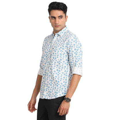 Turtle Men EXCEL Linen Blue Printed Slim Fit Full Sleeve Casual Shirt
