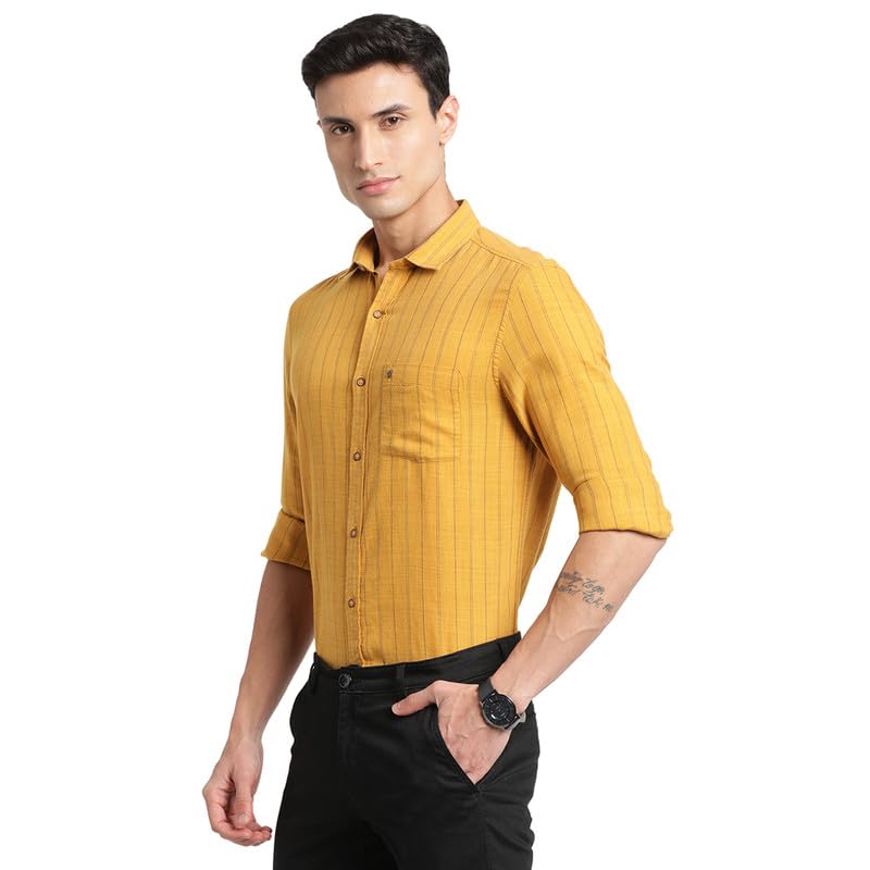 Turtle Men Cotton Lyocell Yellow Striped Slim Fit Full Sleeve Casual Shirt