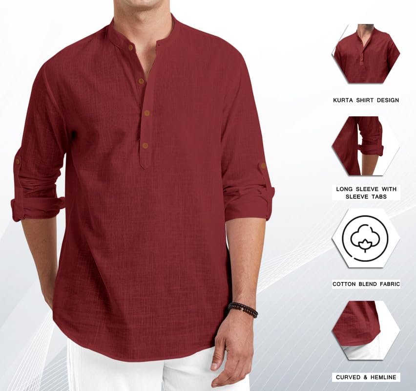 Macsivo MenS Cotton Polyester Blend Solid Regular Fit Full Sleeve Short Kurta | Lightweight Summer Short Kurta Maroon