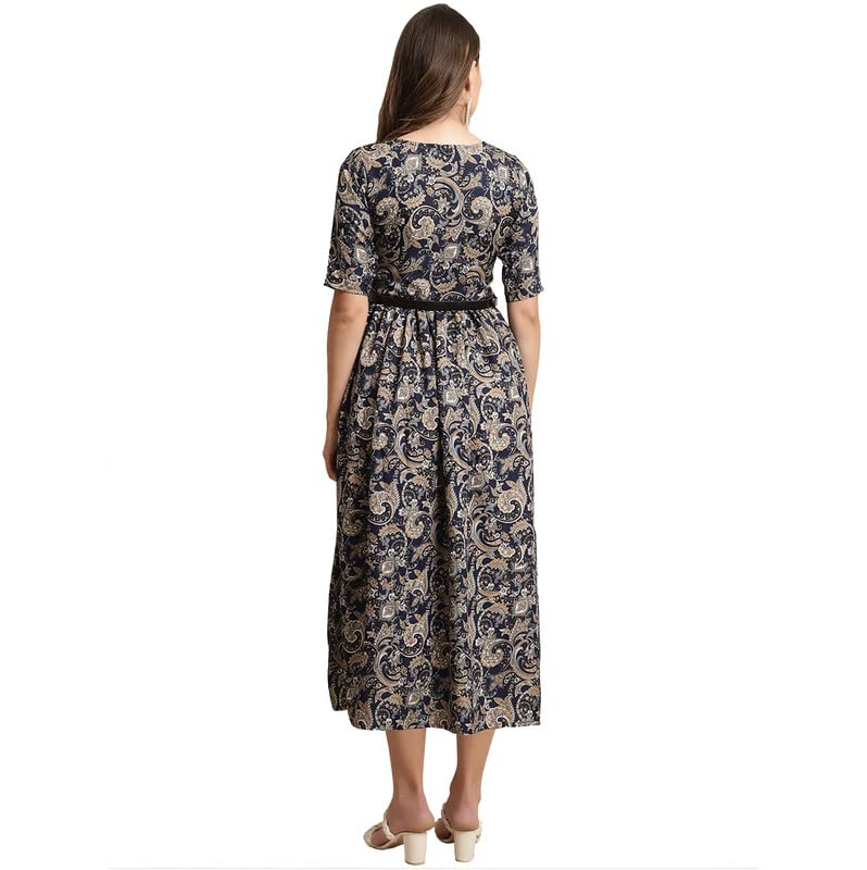 Preneum WomenS Georgette Floral Printed 3/4 Slevees A-Line Fit & Flare Gown With Beltindo-Western Ethnic Gown || A-Line Maxi Dr