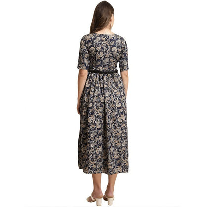 Preneum WomenS Georgette Floral Printed 3/4 Slevees A-Line Fit & Flare Gown With Beltindo-Western Ethnic Gown || A-Line Maxi Dr