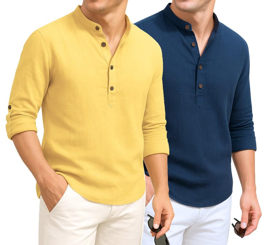 Deelmo Combo Of MenS Cotton Blend Solid Regular Fit Full Sleeve Short Kurta | MenS Trendy Short Kurta Pack Of 2 Yellow - Navy