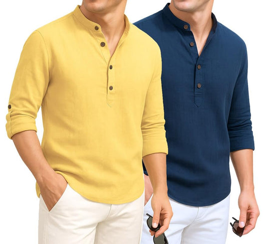 Deelmo Combo Of MenS Cotton Blend Solid Regular Fit Full Sleeve Short Kurta | MenS Trendy Short Kurta Pack Of 2 Yellow - Navy