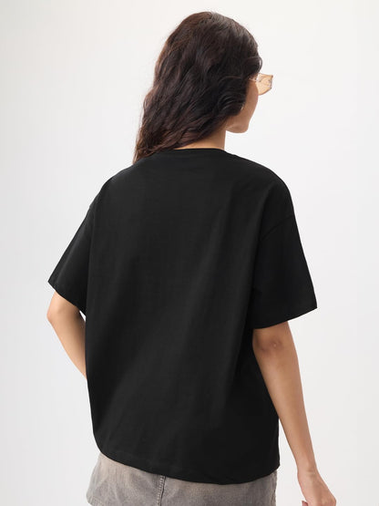 The Souled Store Peanuts: Overthink Women and Girls Short Sleeves Round Neck Black Graphic Printed Cotton Lightweight Everyday S