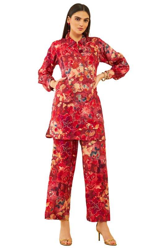 Soch Womens Red Muslin Floral Printed Co-Ord Set With Tassels