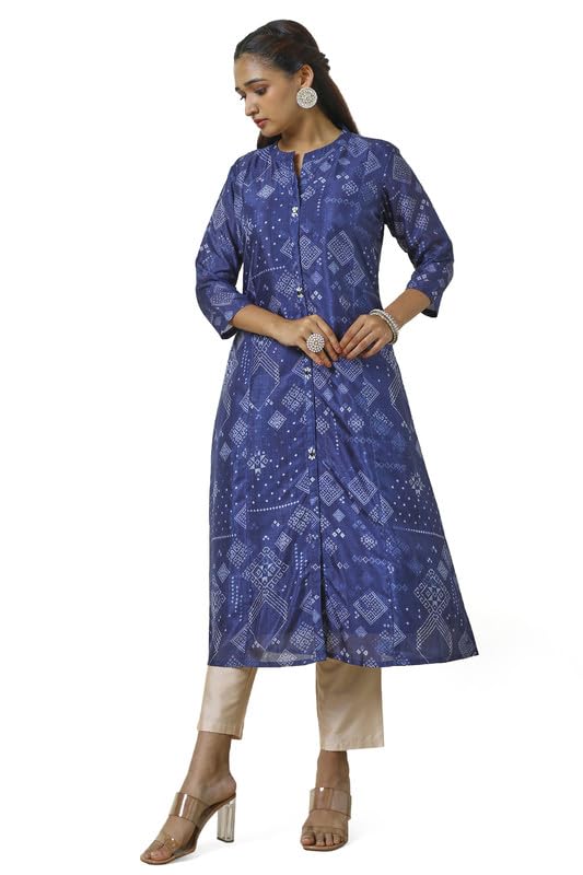 Soch Womens Navy Blue Art Silk Abstract Print Kurta with Beads