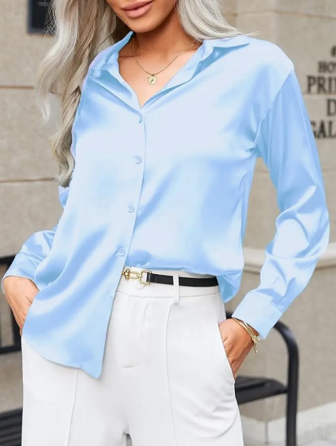 CB-COLEBROOK Womens Soft Satin Silk Button Down Shirts for Women Silky Long Sleeve Work Shirt Dress Blouses Tops (in, Alpha, S,