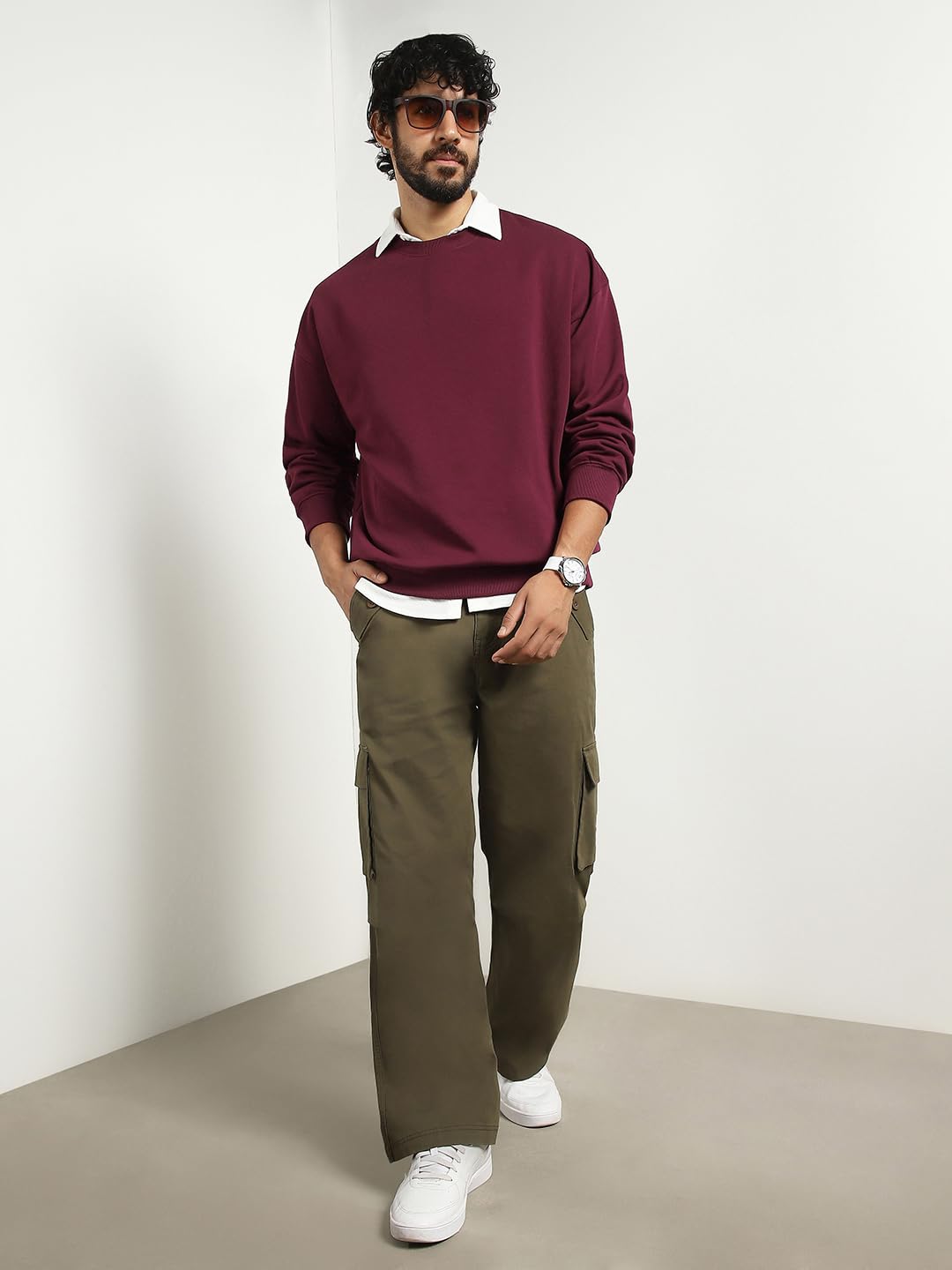 Nobero MenS Cotton Blend Crew Neck Sweatshirt (1M-Twss-R0005_Maroon