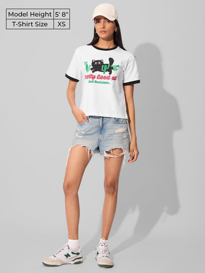 The Souled Store Originals: Bad Decisions Women and Girls Short Sleeves Round Neck Cotton Relaxed Fit T-Shirts White