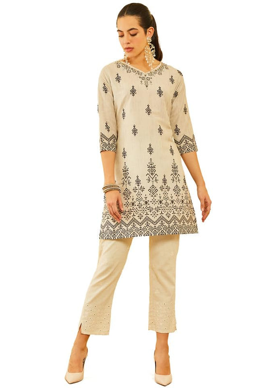 Soch Womens Beige Poly Muslin Floral Printed Kurta With Cutdana