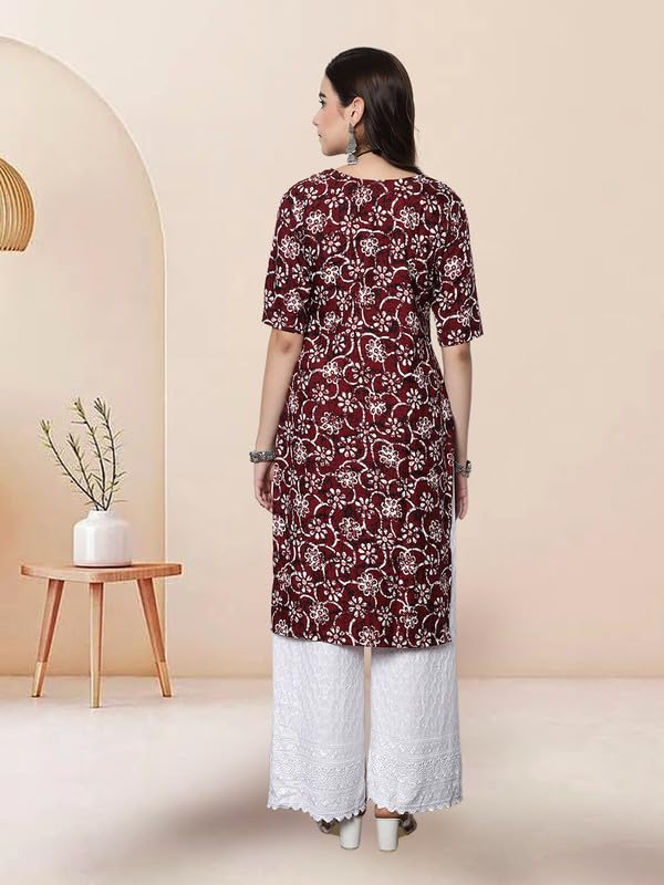 Pinkmint Elegant Printed Crepe Kurtis for Womens ll Fashionable Kurti ll Straight Round Neck Kurti (Pack of 1) Maroon