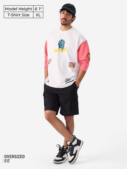 The Souled Store Official Iron-Man: Graffiti Round Neck 100% Cotton Graphic Print Oversized Fit Full Sleeve T-Shirts White