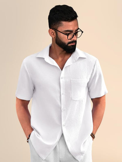 PinkMint Popcorn Shirt for Men ll Textured Shirts for Men ll Stylish Half Sleeve Shirt ll Goa Wear ll Regular Fit Shirt White