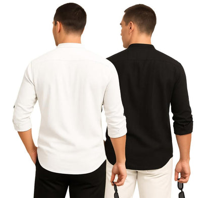 Deelmo Combo Of MenS Cotton Blend Solid Regular Fit Full Sleeve Short Kurta | MenS Trendy Short Kurta Pack Of 2 White - Black