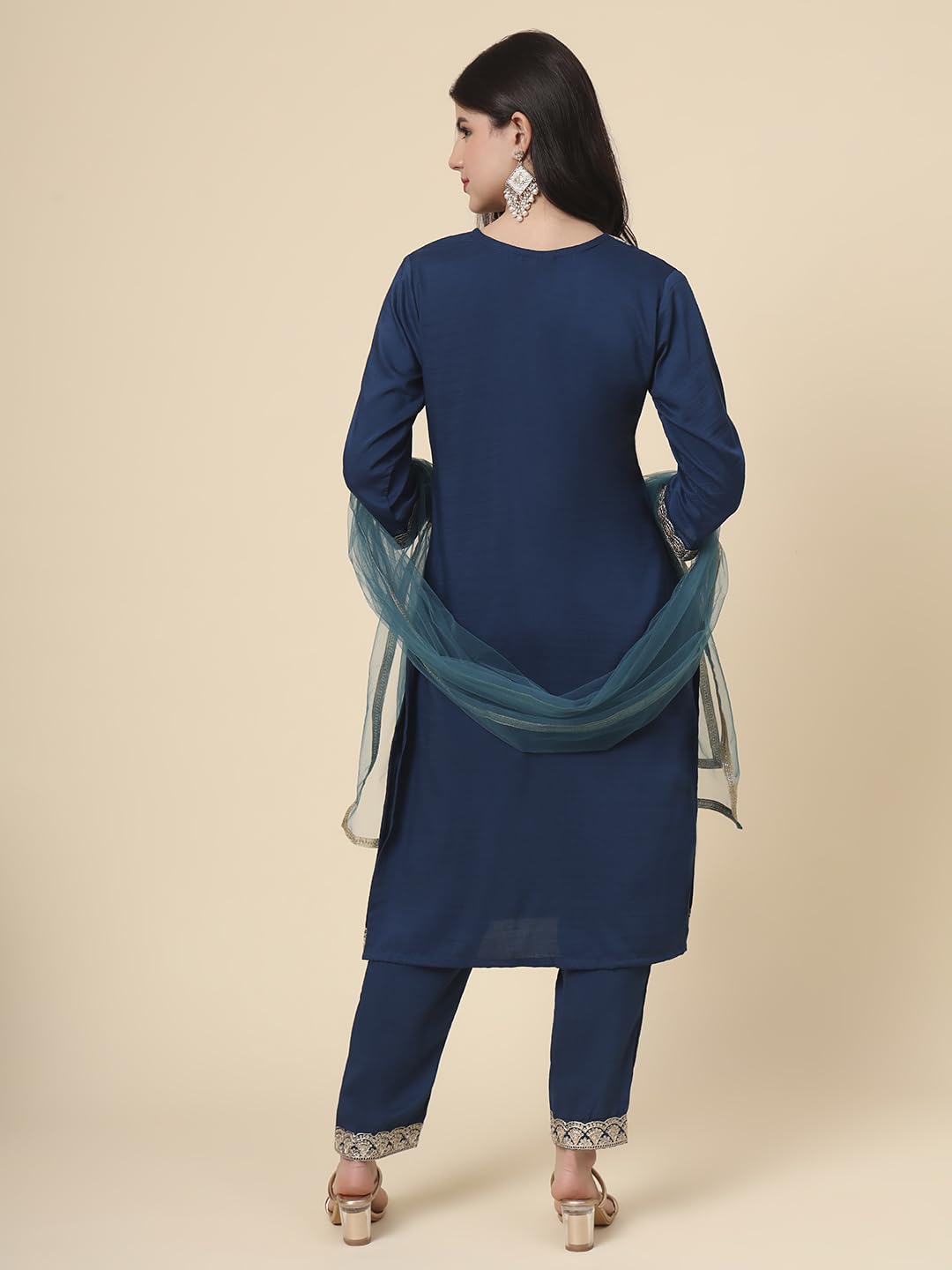 Ekasya WomenS Silk Embroidered Navy Blue Straight Cut Calf Length Round Neck Kurta Pant With Dupatta Set (E1742)