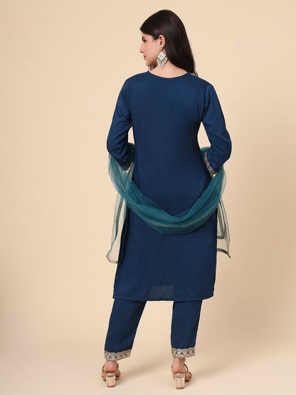 Ekasya WomenS Silk Embroidered Navy Blue Straight Cut Calf Length Round Neck Kurta Pant With Dupatta Set (E1742)