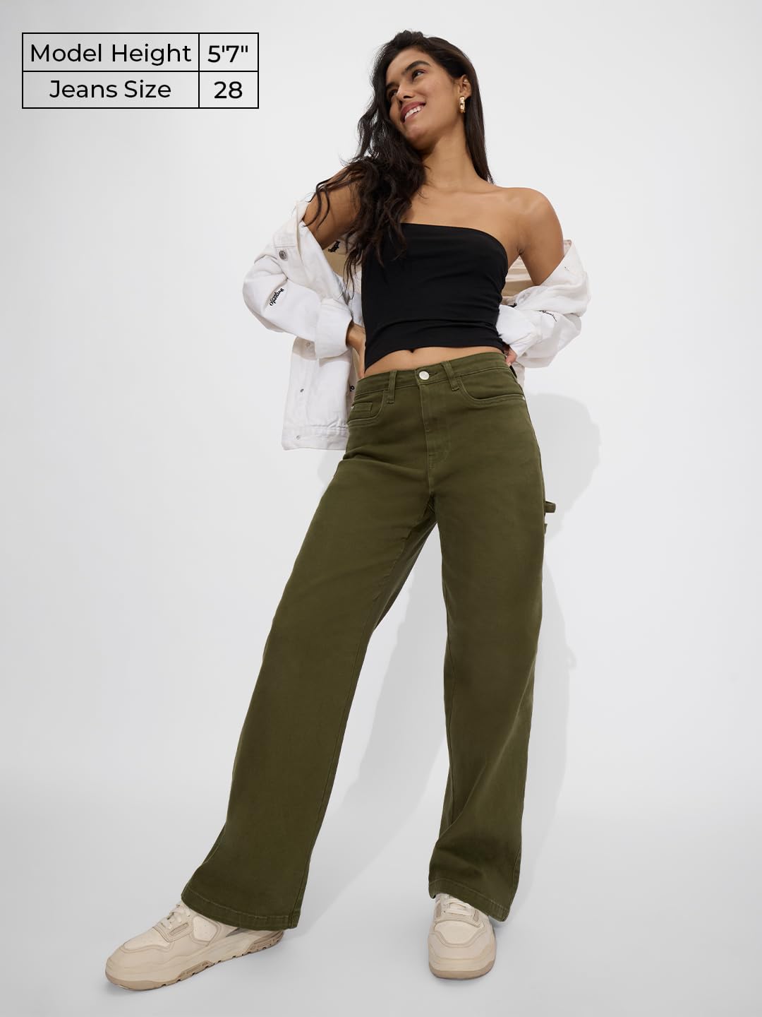The Souled Store Solids: Olive Women and Girls Buttoned Cotton Blend Straight Fit Comfortable Wide Leg Jeans