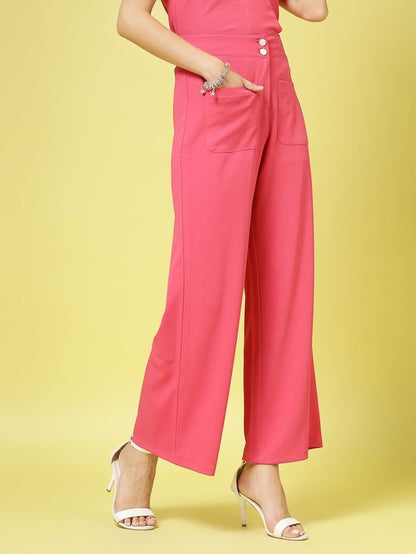 Womens Wide Leg Pants | Solid Pink Stretchable Polyester Trousers | Stylish Korean Clothing | Flared, Straight Fit, Baggy, and
