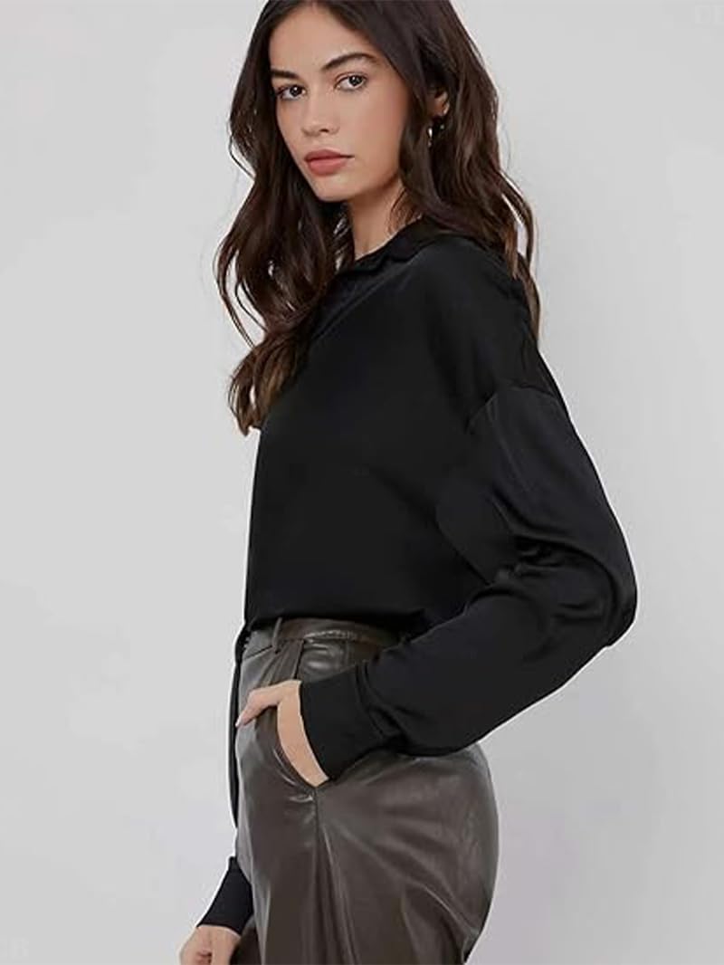CB-COLEBROOK Womens Blouse Satin Silk Stylish Shirts Button Down Solid Shirts Casual Loose Long Sleeve Office Work Tunic Wester