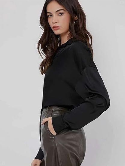 CB-COLEBROOK Womens Blouse Satin Silk Stylish Shirts Button Down Solid Shirts Casual Loose Long Sleeve Office Work Tunic Wester