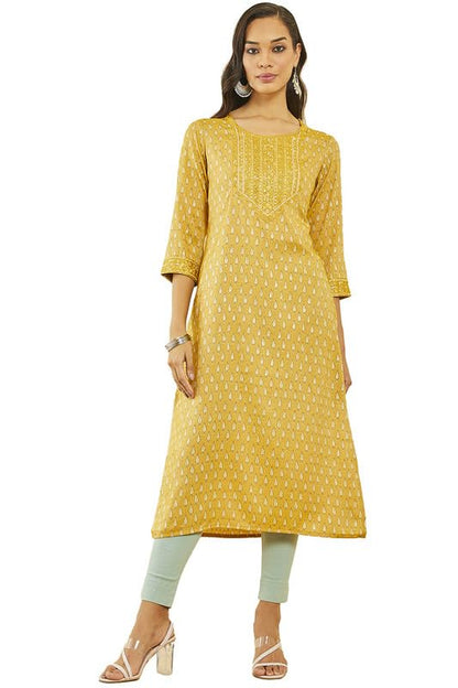 Soch Womens Rayon Leaf Print Round-Neck Straight Kurta with Pocket