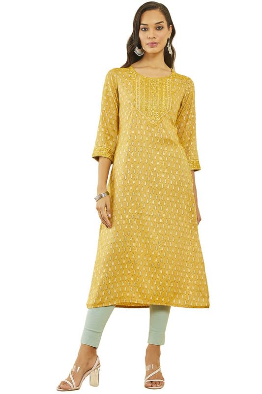 Soch Womens Rayon Leaf Print Round-Neck Straight Kurta with Pocket
