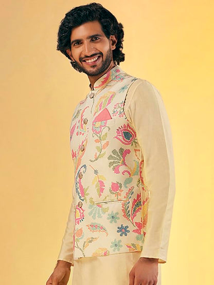 Kisah Nehru Jacket For Men  Printed Cotton Blend Modi Jacket | Ethnic & Formal Waist Coat For Weddings, Parties & Office Wear