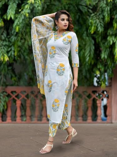 Pinkmint WomenS Hevy Cotton Blend White Kurta Set L Stitched Printed Dupatta Set L Stylish Women Festival Dress (Pack Of 1)