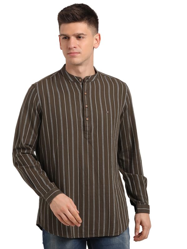 Turtle Men 100% Cotton Stripe Full Sleeve Casual Brown Kurta Shirt