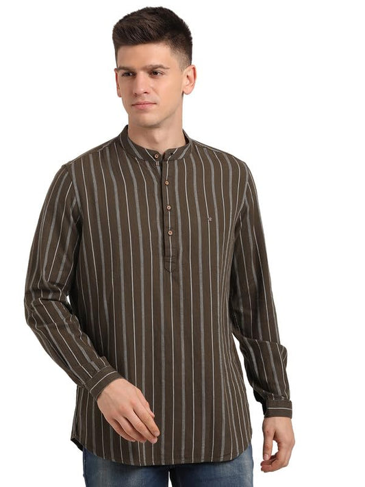 Turtle Men 100% Cotton Stripe Full Sleeve Casual Brown Kurta Shirt