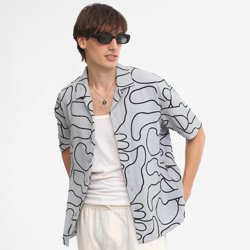 Campus Sutra Mens Cloud Grey Abstract-Lined Oversized Shirt for Casual Wear | Cuban Collar | Short Sleeve | Button Closure | Ov