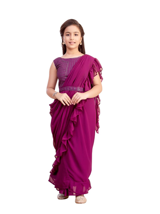 Aarika Girls Ethnic Wear Wine Colour Threat Embroidery Georgette Lehenga Saree With Attachable Dupatta-(3-13 Years)-(SR-26033-WI