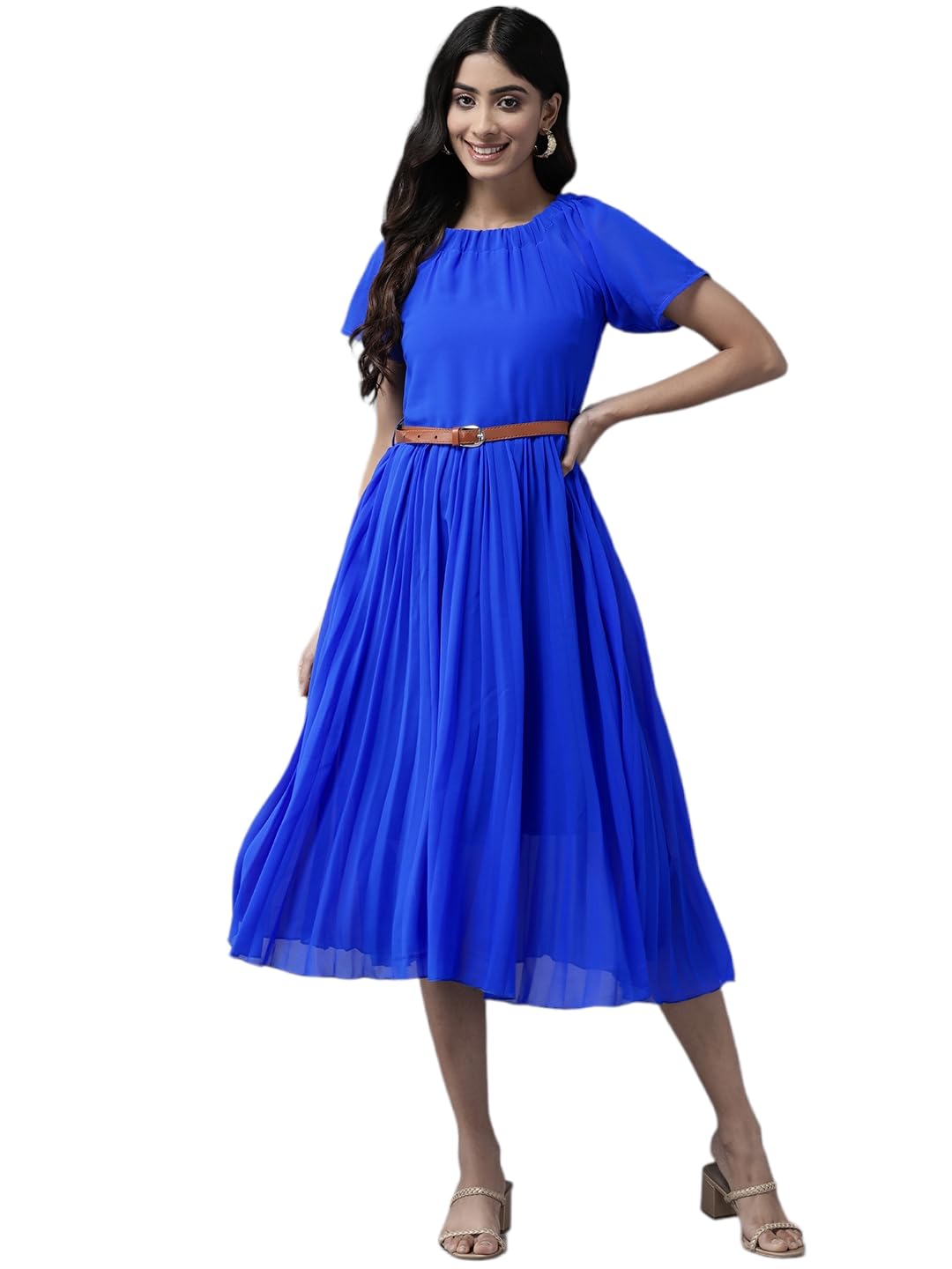 Aarika Womens Blue Color Georgette Middi With Belt (Md-W-071-Blue-L)