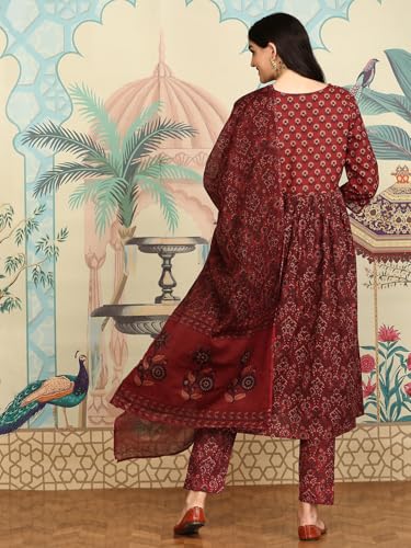 Ishin Women Red Cotton Kurta Sets With Dupatta