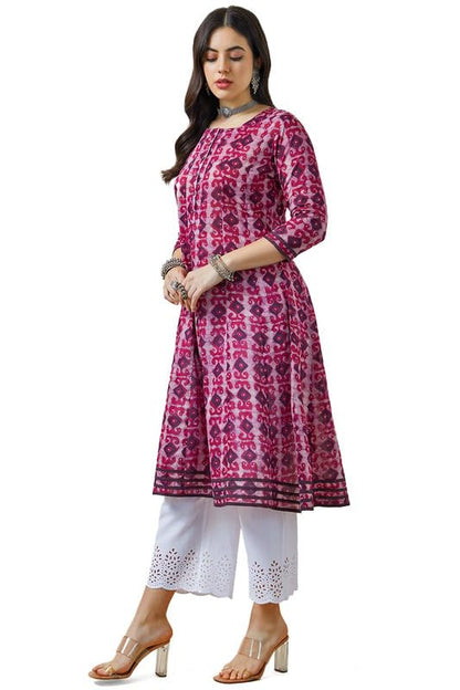 Soch Womens Magenta Cotton Slub Ajrak Print Panelled A Line Kurta
