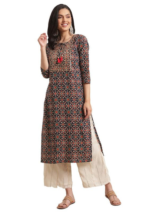 Varanga Women Blue and Beige Abstract Printed Kurta with Gota Work On Yoke and 3/4Th Sleeves