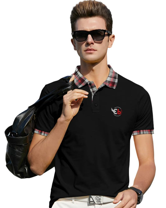 Eyebogler Polo Neck Half Sleeve Printed Casual Tshirt For Men Black Cement Grey