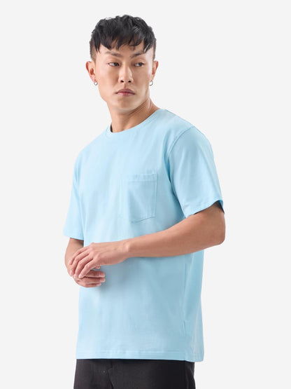 The Souled Store Solids: Frost Blue Men and Boys Short Sleeve Round Neck Regular Fit Polyester T-Shirts